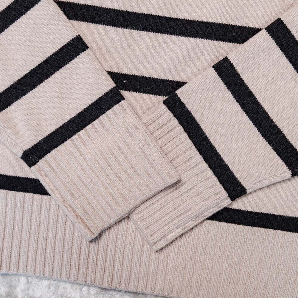 H&M Loose Fit Heather Tan Black Striped Crewneck Sweater Womens Size L - Picture 7 of 10